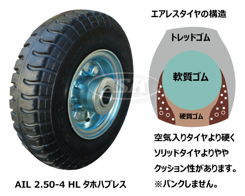 荷車ハンドカート用タイヤ タホハブレス エアレス ノーパンク 2.50-4