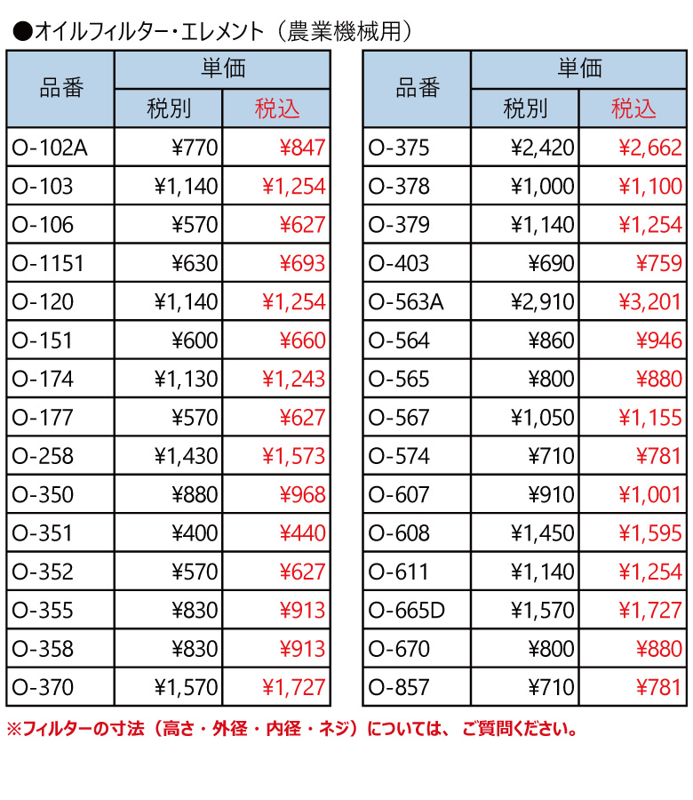 農業機械用　エレメント　フィルター