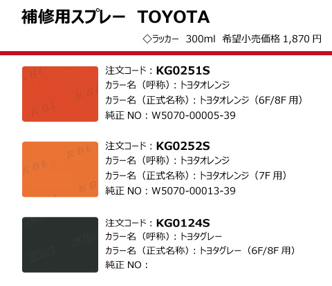 TOYOTA KBL製建設機械用塗料スプレー(タッチアップスプレー)の TOYOTA KBL製建設機械用塗料スプレー(タッチアップスプレー)の